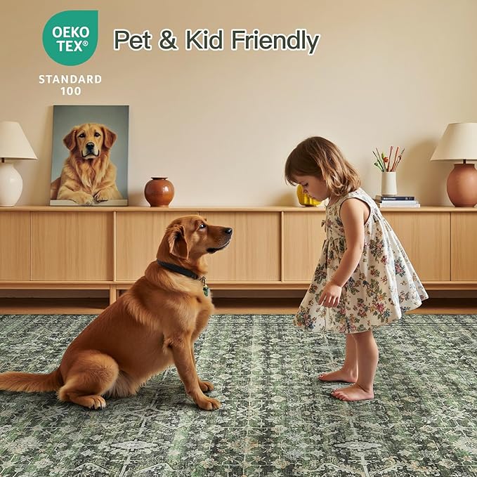 Lofus 10x14 Area Rug for Living Room,Green Washable Large Rugs with Non-Slip Backing,Soft Boho Carpets for Bedroom Dining Room Home Office Indoor Nursery
