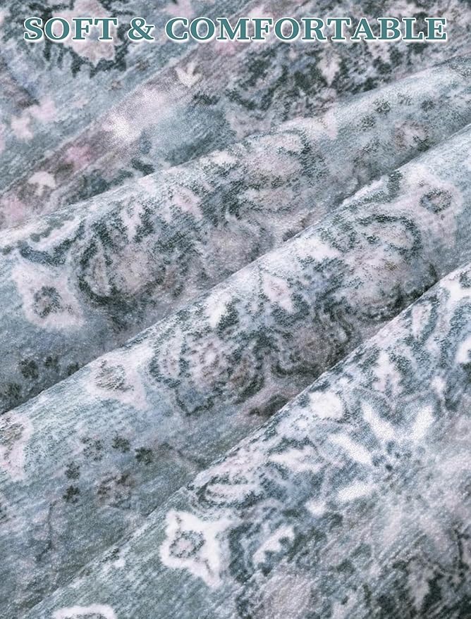 SERISSA Boho Washable Runner Rug, 2'6"x8' Non-Slip Vintage Floral Hallway Kitchen Runner Rug Ultra Soft Print Distressed Blue Grey Floor Carpet for Bedroom Bathroom Laundry Room