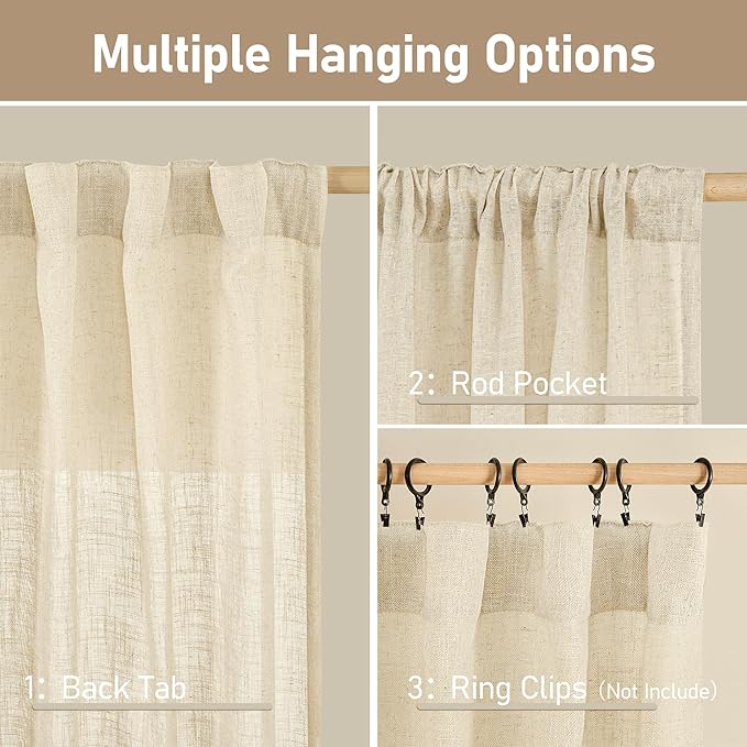 LAMIT Semi Sheer Beige Linen Curtains 36 Inch Length 2 Panels, Light Filtering Panels Back Tab and Rod Pocket Neutral Drapes for Bathroom/Kitchen/Loft Room, 25 x 36 Inch
