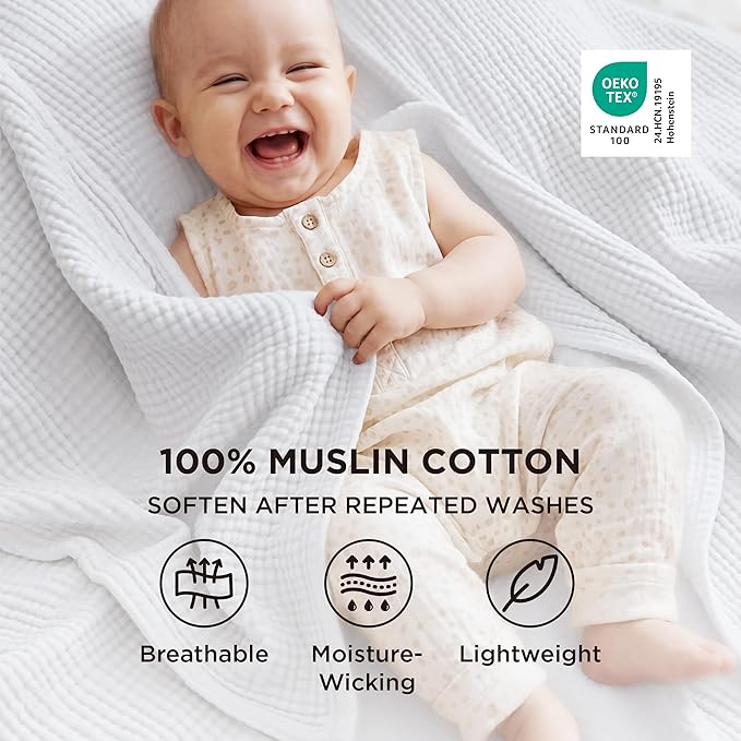 Bedsure 100% Cotton Muslin Blanket King Size for Bed - 4-Layer Breathable and Lightweight Thin Soft Summer Gauze Muslin Blanket for Adults, White, 108x90 Inches