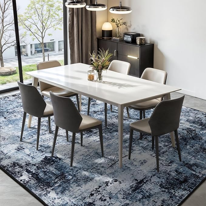 Rugflix 9x12 Area Rugs for Living Room, Washable Large Rug Stain-Resistant Low Pile, Modern Dark Carpet for Dining Room Home Office Kid Room Nursery Bedroom, Navy Blue/Black