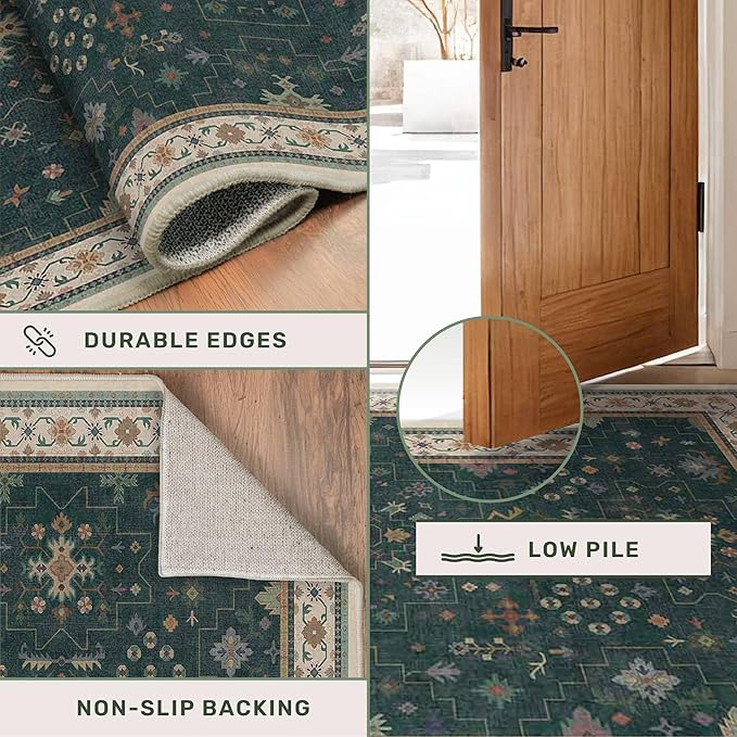Hazo Haus Vintage Dark Green 6x8 Dining Room Rugs for Under Kitchen Table - Washable Livinig Room Rug - Unique Floral Pastel Low Pile Non-Slip Area Rugs for Bedroom