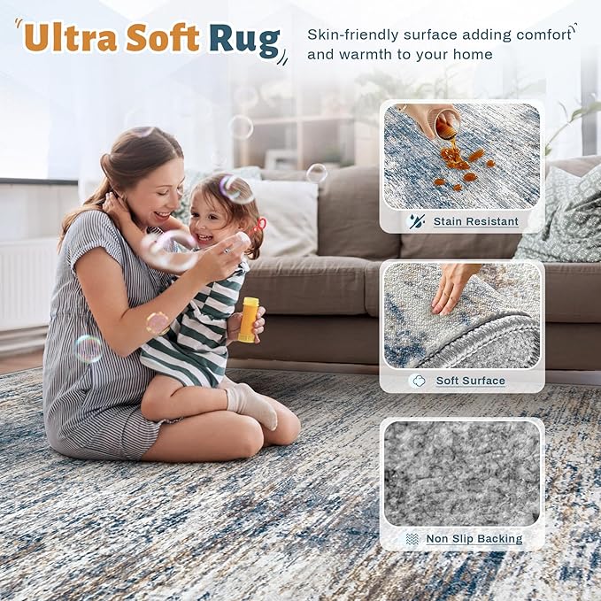 8x10 Area Rugs for Living Room, Washable Modern Abstract Large Area Rug Neutral Soft Non Slip Kids Rug Stain Resistant Indoor Carpet for Bedroom Nursery Dining Room Playroom(BlueWhite, 8'x10')