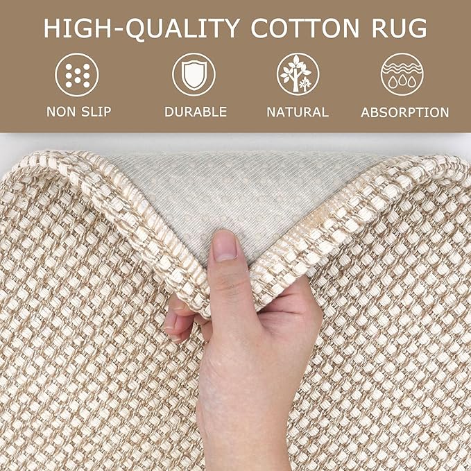 KOZYFLY Washable Area Rug 5x7 ft Rubber Backed Non Slip Rugs for Living Room Braided Cotton Bedroom Rug Woven Office Rugs Indoor Outdoor Floor Carpets for Dining Bedroom Living Room, Ivory/Khaki