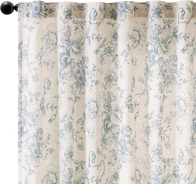 jinchan Linen Blend Curtain Floral Curtains for Living Room 108 Inch Length Blue Printed Curtain Rod Pocket Back Tab Farmhouse Peony Flower Patterned Drapes Bedroom Window Curtains Set 2 Panels