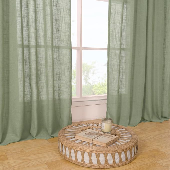 LAMIT Linen Semi Sheer Curtains 96 inches Long 2 Panels Set, Light Filtering Panels Back Tab and Rod Pocket Floor to Ceiling Curtains for Bedroom/Living Room, Sage Green, 52 x 96 Inch