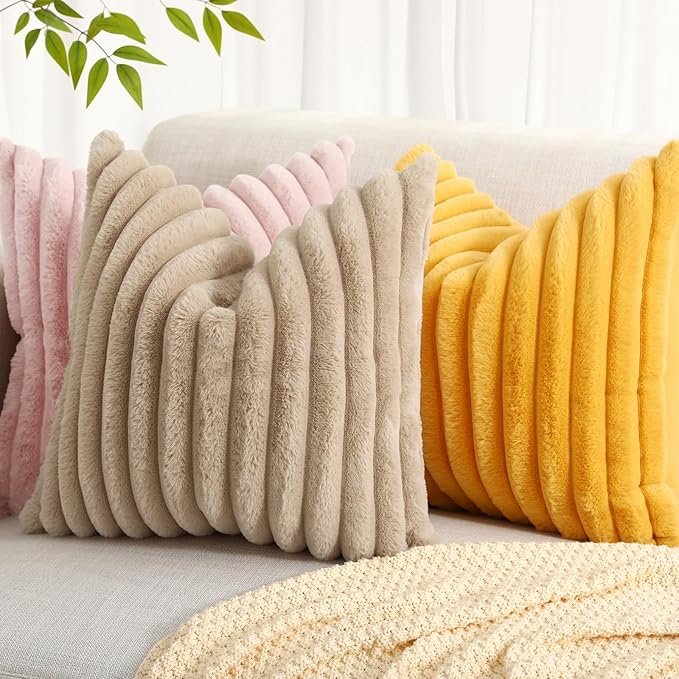 decorUhome Summer Cozy Faux Fur Throw Pillow Covers 24x24 Set of 2 Decorative Plush Striped Modern Farmhouse Boho Couch Euro Sham Pillow Cases with Velvet Back for Sofa Bed Living Room, Mustard Yellow