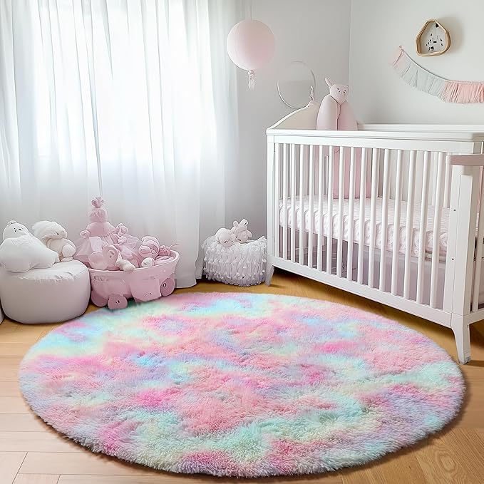 ONASAR Rainbow Round Area Rug 4ft, Soft Bedroom Circle Rugs Mats for Kids Girls Teen Room, Kawaii Fluffy Plush Shaggy Carpet for Baby Nursery Living Room Playroom Home Decor Princess Castle