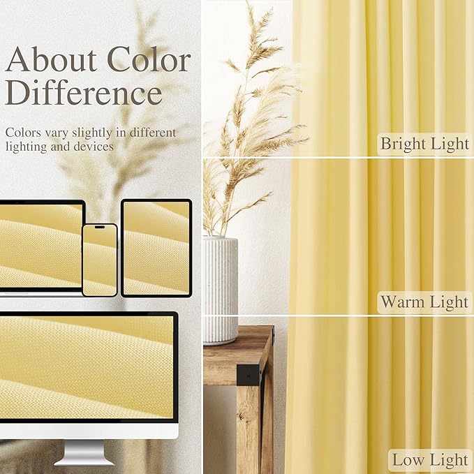 Yellow Linen Curtains 102 Inches Long for Living Room 2 Panel Set Back Tab Rod Pocket Semi Sheer Curtain Light Filtering Burlap Extra Long Drapes Neutral Farmhouse Decor for High Window 52x102