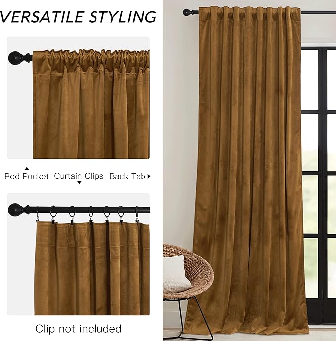 RYB HOME Gold Brown Velvet Curtains 72 inches with Hook Belt, Soft Fabric Room Darkening Thermal Insulated Luxurious Home Decor Curtains for Living Room Bedroom, W 52" x L 72", 2 Panels Set