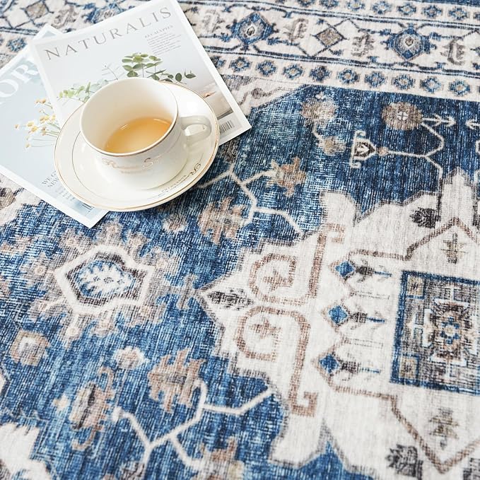 Hallway Washable Runner Rug - 2'6x12 Kitchen Rugs Entryway Rug Runner Vintage Soft Floor Mat Non Slip Indoor Farmhouse Carpet for Bathroom Living Room Bedroom (2'6''x12', Blue)