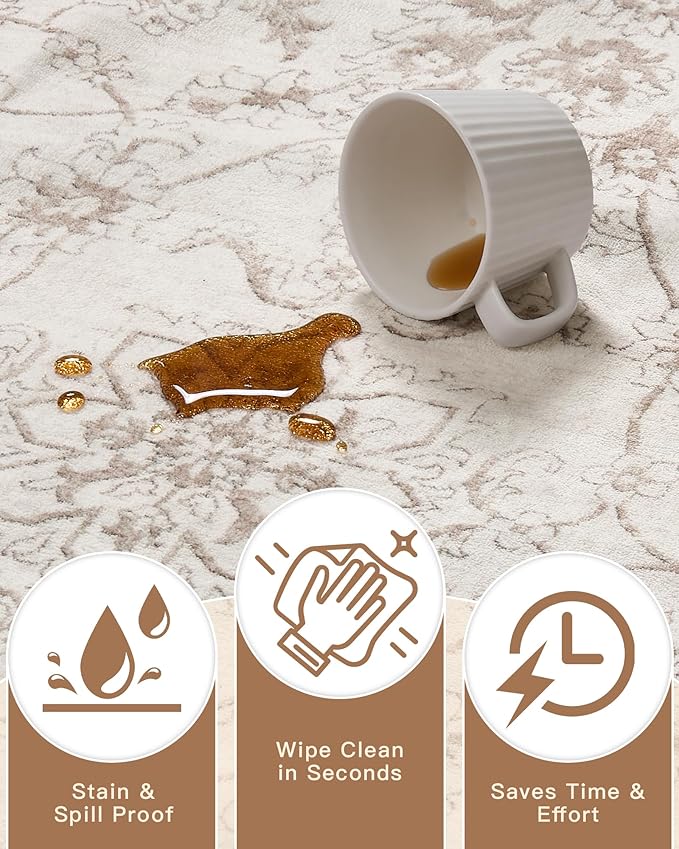 Madane Runner Rug 2x8 for Hallway, Kitchen Non-Slip Runner Rug with Rubber Backing, Vintage Soft Low Pile Throw Neutral Carpet Runner for Laundry Room Entryway Bathroom Bedroom (2 x 8, Brown/Ivory)
