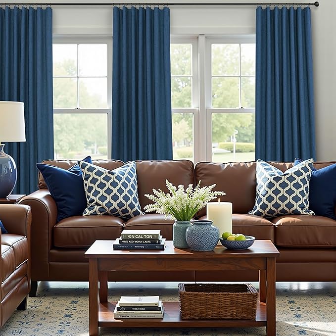 Navy Blue Curtains for Living Room 102 Inch Long 100 Percent Blackout Linen Look Viral Window Curtains for Bedroom Black Out Drapes for Nursery Bedroom Dorm 52x102 Length 2 Panels Midnight Royal Blue