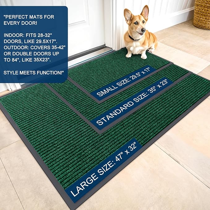 OLANLY Front Door Mat Indoor Outdoor Entrance, 2-Pack 35 x 23 Inch, Waterproof Heavy Duty Doormat, Fade Resistant, Low Profile, Easy Clean Patio Porch Welcome Floor Mats for Entry, Green