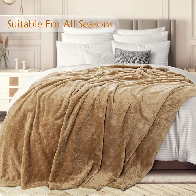 TOONOW Fleece Bed Blanket Queen Size 90x90 inches , Super Soft Fluffy Fuzzy Plush Blanket Geometric Pattern Cozy Microfiber Flannel Blankets for Couch, Bed, Sofa, Camel