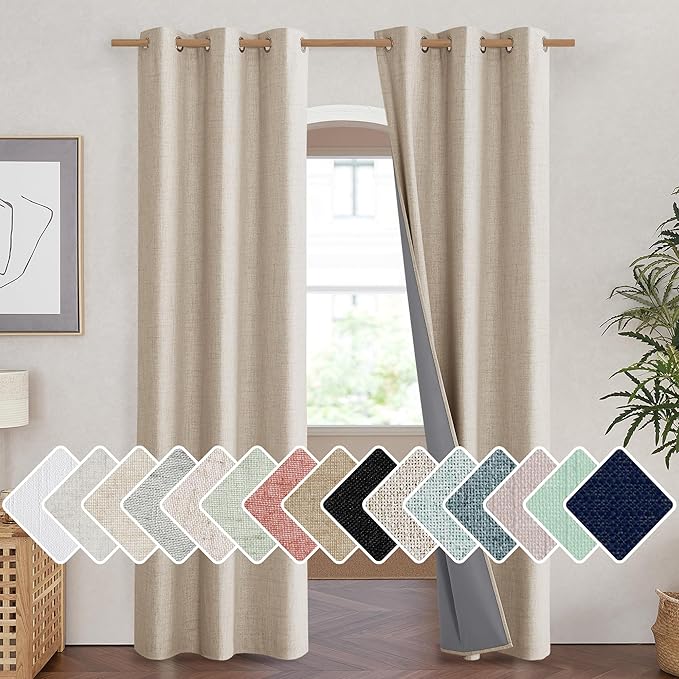 NICETOWN Cream Full Blackout Boho-Chic Linen Curtains 84 inch Long 2 Panels Set for Cafe Window, 42 inch Wide, Thick Linen Blend Drapes, Insulated Window Covers Draperies with White Backing