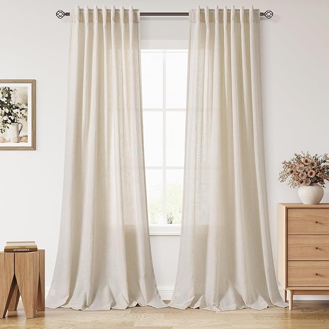 Nanspring Extra Long 120 Inch Curtains for Living Room Cream Beige Linen Light Filtering Semi Sheer Curtain Back Tab Modern Farmhouse Decor Floor to Ceiling High Window for Bedroom 52x120, 2 Panels