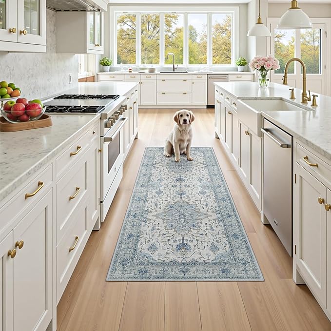 Area Rugs 2'x5' Runner Rug Non Slip Washable for Kitchen Hallway Bedroom Beside Laundry Room Bathroom Rug, Floor Carpet, Light Blue Navy Beige Gray White