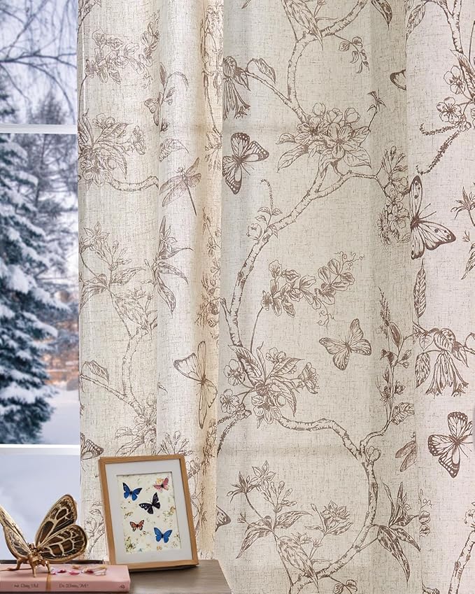 jinchan Floral Linen Curtains for Living Room 96 Inch Length Butterfly Curtain Taupe Floral Curtains French Country Farmhouse Curtain Flower Patterned Drapes Window Treatment Set 2 Panels