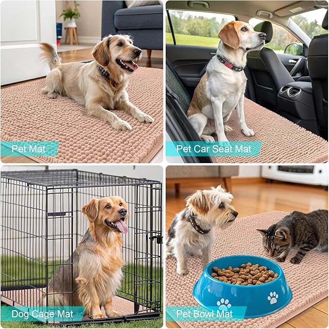 OLANLY Dog Door Mat for Muddy Paws 44x24, Absorbs Moisture and Dirt, Absorbent Non-Slip Washable Doormat, Quick Dry Chenille Mud Mat for Dogs, Entry Indoor Entryway Carpet for Inside Floor, Peach