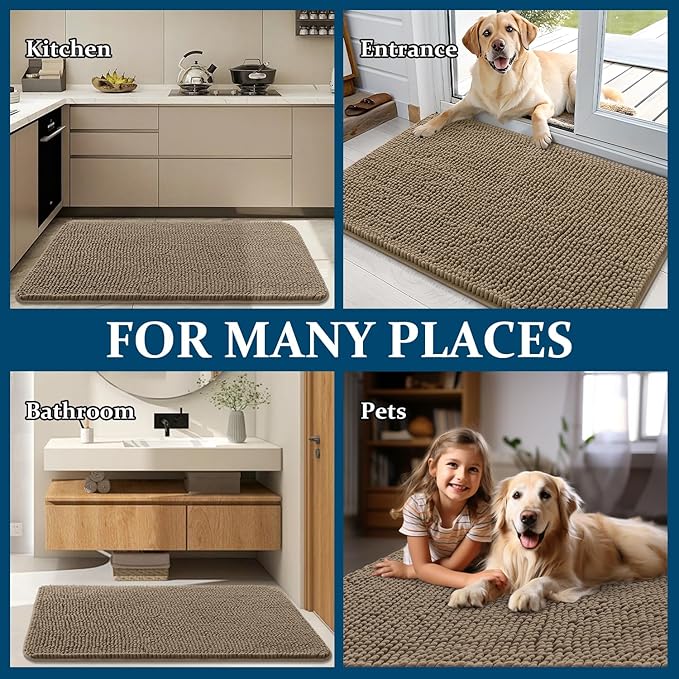 OLANLY Dog Door Mat for Muddy Paws 44x32, Absorbs Moisture and Dirt, Absorbent Non-Slip Washable Doormat, Quick Dry Chenille Mud Mat for Dogs, Entry Indoor Entryway Carpet for Inside Floor, Tan