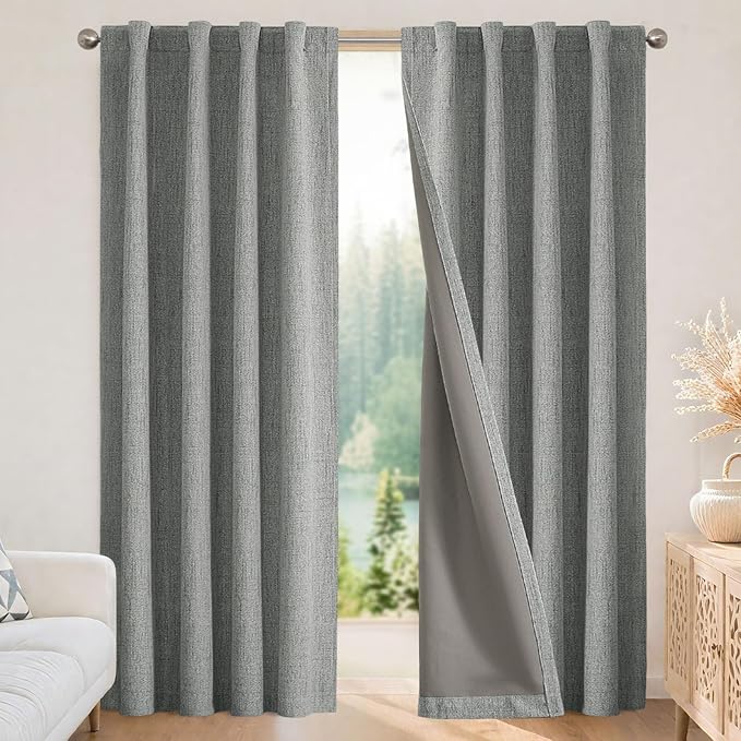 Joydeco Blackout Curtains for Bedroom - 96 Inch Long 100% Light Blocking 2 Panels Light Grey Drapes, Thermal Insulated Room Darkening Curtains, Linen Textured for Living Room, Rod Pocket & Back Tabs