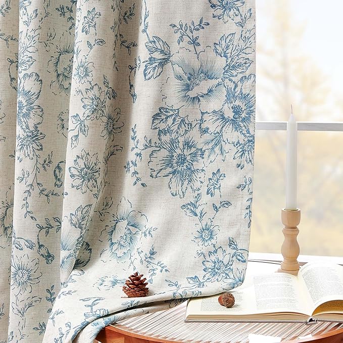 jinchan Blackout Floral Curtains for Living Room Bedroom Linen Blend Curtain Farmhouse Blue Printed with Lined Back Tab Rod Pocket Drapes Window Treatments 2 Panels 90 Inch