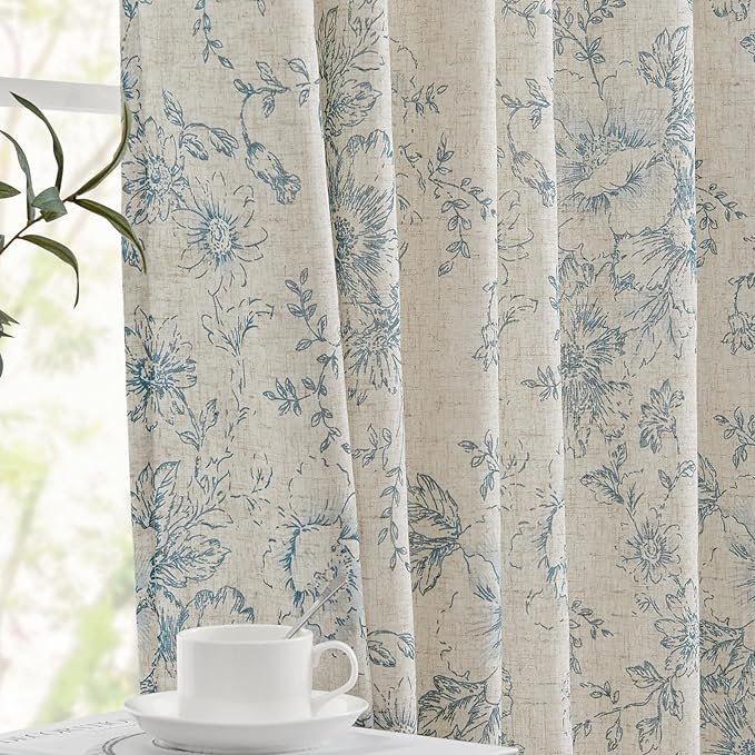 jinchan Lined Linen Blend Curtain Floral Curtains for Living Room 96 Inches Long Blue Peony Flower Printed Curtain Rod Pocket Back Tab Farmhouse Patterned Drapes Bedroom Window Curtains Set 2 Panels
