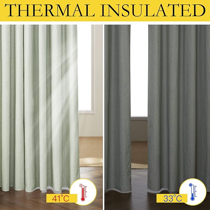NICETOWN Sage Green Blackout Linen Curtains 95" Long, 2 Pieces, 62" Wide Each Panel, Bronze Grommet Full Light Blocking Drapes with White Thermal Insulated Liner for Nursery, Hall, Villa