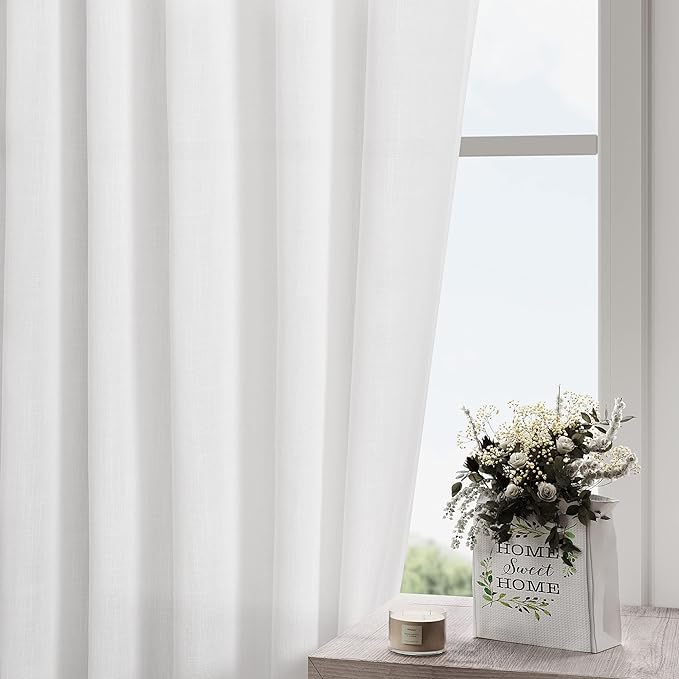 Nanspring 24 Inch White Linen Curtains for Kitchen Windows Over Sink - Cafe Semi Sheer Curtains Back Tab and Rod Pocket Modern Farmhouse Curtain for Bathroom 34 x 24 Inch,2 Panels