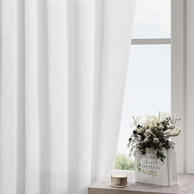 White Linen Curtains 108 Inches Long 2 Panels Set Back Tab Rod Pocket Semi Sheer Cotton Textured Light Filtering Extra Long Curtain Farmhouse High Ceiling Curtains for Living Room 9Ft 42x108