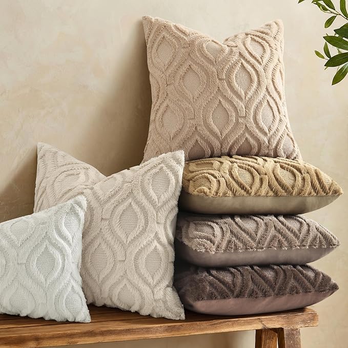 decorUhome Throw Pillow Covers 16x16 Inch Set of 2, Soft Plush Faux Wool Light Khaki Solid Couch Pillow Covers, Accent Farmhouse Neutral Square Pillow Cases for Sofa Bed Living Room