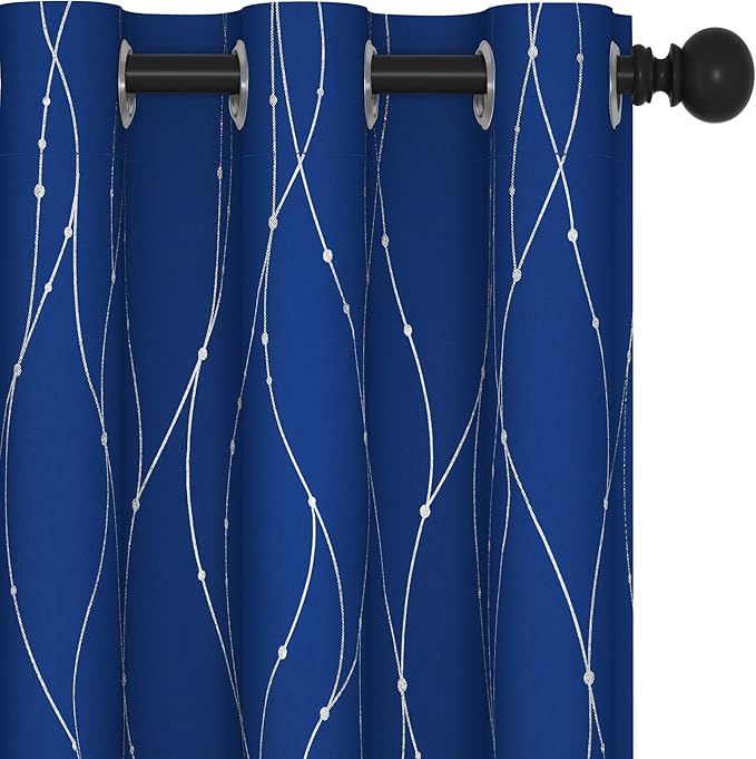 Deconovo Blackout Curtains, 42 x 63 Inch Drapes for Living Room with Wave Dots Silver Print, Soundproof Thermal Insulated Window Curtain for Bedroom Nursery, Set of 2, Machine Washable, Royal Blue