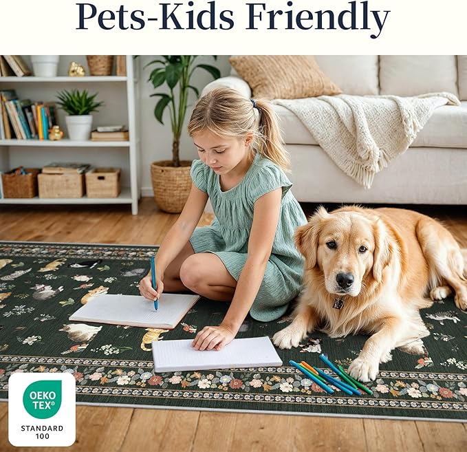 2x5 Washable Kitchen Runner Rug - Soft Low Pile Floral Animal Cat Print Rugs with Non-Slip Backing Waterproof Stain-Resistant Indoor Carpet for Hallway Entryway Bathroom Bedroom (Sage Green)