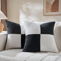 Fancy Homi Set of 2 Black White Decorative Throw Pillow Covers 22x22 Inch for Living Room Couch Bed Sofa, Farmhouse Boho Home Decor, Soft Cross Corduroy Patchwork Accent Square Cushion Case 55x55 cm