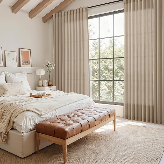 Sepia Beige Linen Curtains 102 Inches Long for Living Room Rustic Farmhouse Decor Light Filtering Semi Sheer Curtain Back Tab Neutral Modern Luxury Drapes for Bedroom Office 52x102, 2 Panels