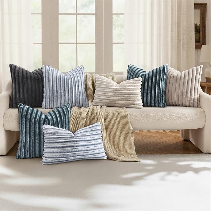 decorUhome Cozy Faux Fur Throw Pillow Covers 12x20 Set of 2 Decorative Soft Plush Striped Lumbar Modern Farmhouse Boho Couch Pillow Cases with Velvet Back for Sofa Bed Living Room, Blue Grey