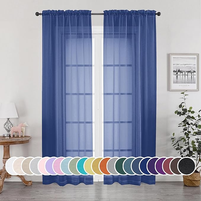 OWENIE Sheer Curtains 84 Inches Long 2 Panels Set for Bedroom Living Room, Light Filtering Voile Blue Sheer Curtains, Airy Rod Pocket Farmhouse Curtains, Royal Blue, Each 42Wx84L inch