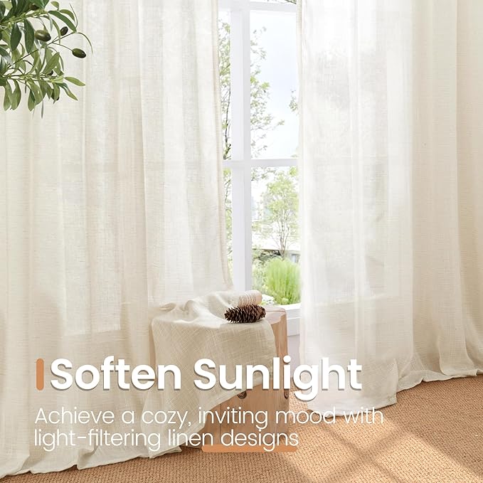BGment Beige Linen Curtains 40 Inch Length for Short Window - Small Semi Sheer Drapes with Rod Pocket for Cafe Kitchen Bedroom Light Filtering Cream Curtain, 2 Panels, Each Panel 30 Inch Wide