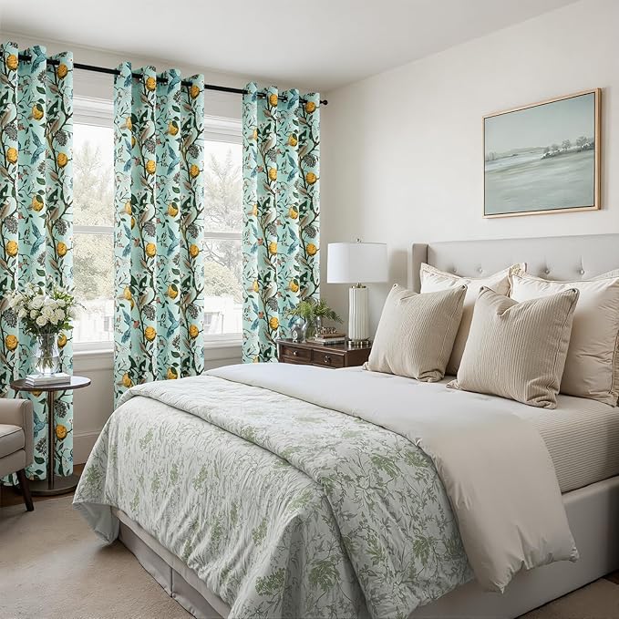 Topfinel 72 Inches Long Floral Curtains for Living Room Vintage French Country Grommet Botanical Hummingbird Woodland Patterned Mint Green Lemon Drapes for Bedroom Dining Living Room