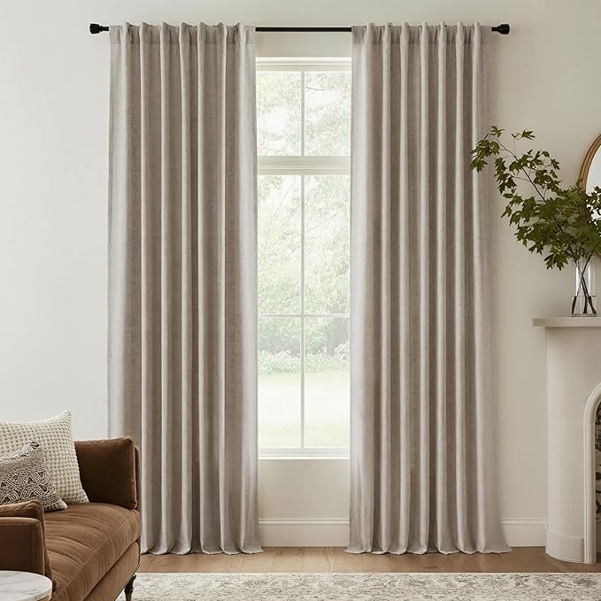 RYB HOME Natural Beige 100% Blackout Linen Curtains for Bedroom 84 inches Long, Thermal Insulated&Privacy Assurd Window Curtains for Living Room Dining Patio Sliding Glass Door, W52 x L84, 2 Panels