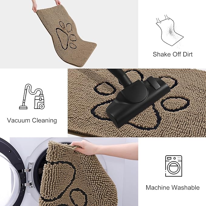 Smiry Dog Door Mat for Muddy Paws, Absorbent Dirt Trapper Non Slip Quick Dry Washable Chenille Mat for Mud Dogs, Entry Rug for Indoor and Outdoor (30x20 Inches, Camel and Black)