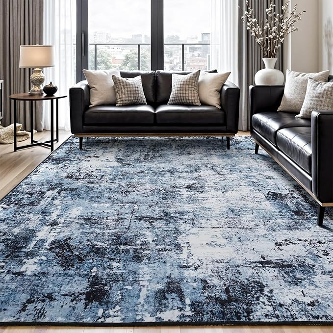 Rugflix 8x10 Area Rugs for Living Room, Washable Large Rug Stain-Resistant Low Pile, Modern Dark Carpet for Dining Room Home Office Kid Room Nursery Bedroom, Navy Blue/Black