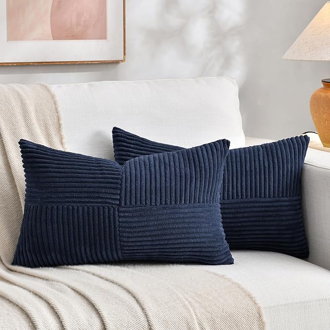 Fancy Homi 2 Packs Navy Blue Lumbar Decorative Throw Pillow Covers 20x28 Inch for Living Room Couch, Rustic Farmhouse Boho Home Decor, Soft Striped Corduroy Rectangle Accent Cushion Case 50x70 cm