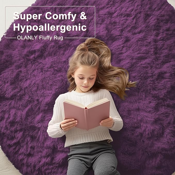 OLANLY Dark Purple Round Rugs for Bedroom - Machine Washable, 8 ft Circle Area Rugs for Living Room, Soft and Fluffy Shaggy Carpet for Teen Girl and Boys, Nursery Rooms, Dorms, Home Decor Aesthetic