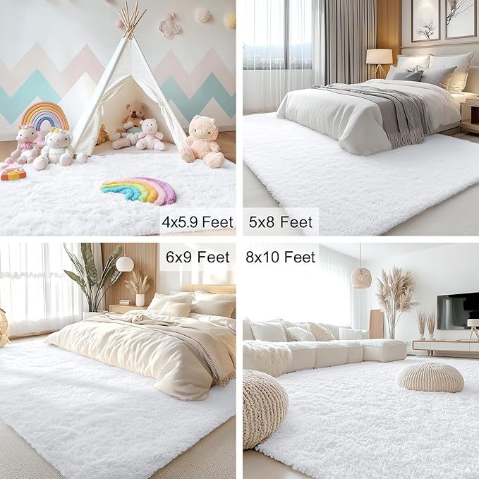 OLANLY 7x10 Machine Washable Large Area Rugs for Living Room, Bedroom, Soft Fluffy Shaggy Bedside Rug, Indoor Floor Carpet for Kids Girls and Boys, Dorms, Nursery, Home Decor Aesthetic, White
