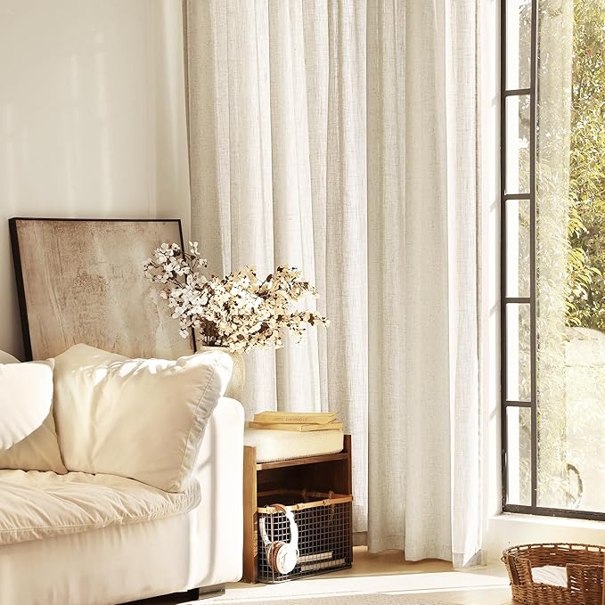 Faux Linen Beige Curtains 105 inches Long for Living Room Rustic Farmhouse Linen Drapes Semi Sheer Burlap Textured Canvas Cloth Curtain Panels Set of 2 Kahki Tan Colored