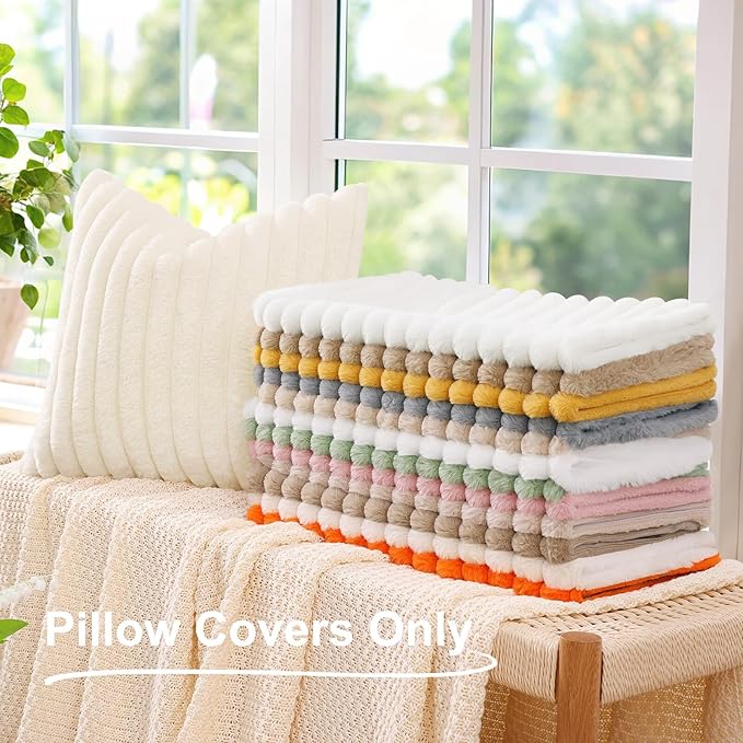 decorUhome Cozy Faux Fur Throw Pillow Covers 18x18 Set of 2 Decorative Soft Plush Striped Modern Farmhouse Boho Couch Pillow Cases with Velvet Back for Sofa Bed Living Room, Rust