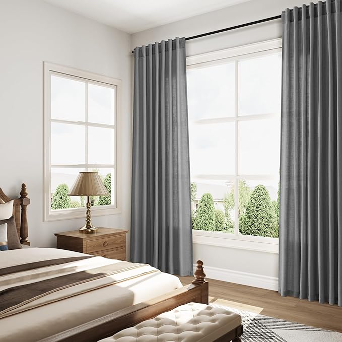 Nanspring Blazer Grey Curtains Linen Blend Light Filtering Back Tab Curtain 84 Inches Long, Semi Sheer Privacy Drapes for Living Room & Bedroom,Simple Style 52x84 inch, 2 Panels