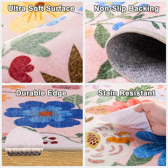 6x9 Area Rugs for Living Room: Floral Washable Rug Vintage Large Soft Boho Non-Slip Carpet Indoor Floor Stain Resistant Thin Carpets for Bedroom Dining Room Farmhouse Nursery Hallway Home Office Beige